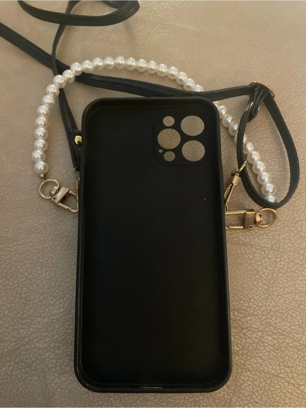 Brand New Black Quilted Crossbody Phone Case with Pearl Handle for iPhone 12 Pro